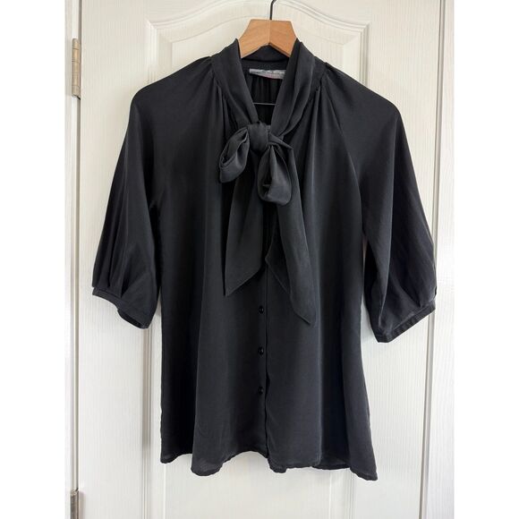 Hunter Dixon by Hunter Bell Women's Black Silk Blouse Tie Neck Button Up Size XS - Picture 1 of 10